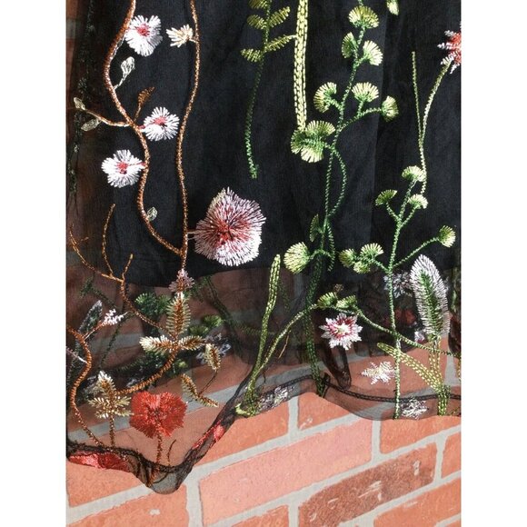 Black Floral Embroidered Dress Size M Long Mesh Sleeves Whimsigoth Fairygrunge - Picture 7 of 13